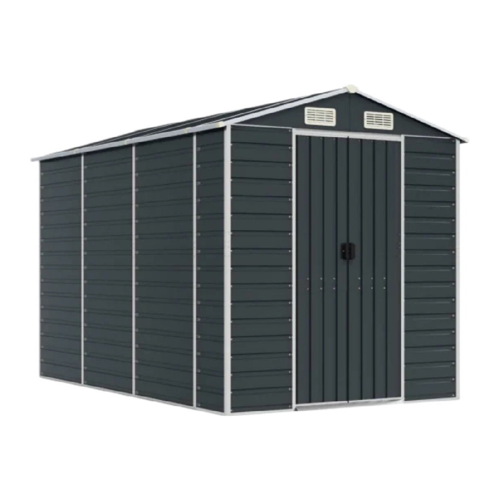 Metal storage shed for outdoor use, suitable for gardening tools and equipment, constructed from galvanized steel, dimensions 210 x 150 x 190.